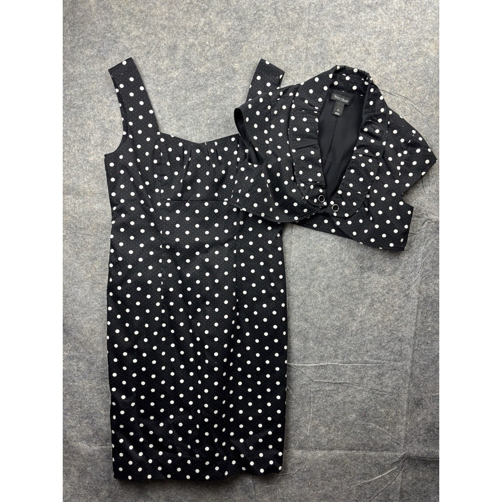 White House Black Market Polka Dot‎ Wiggle Dress & Jacket Women Sz 10 Black Red